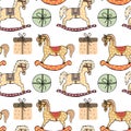 Festive seamless pattern cute children s toys, a variety of rocking horses and boxes with gifts. Children\'s decor, textiles