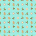 Festive seamless pattern with elements of Christmas decor gingerbread, holly, orange slice.