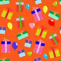 Festive seamless pattern with gift boxes and balloons Royalty Free Stock Photo