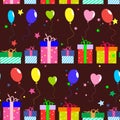 Festive seamless pattern with gift boxes and balloons Royalty Free Stock Photo