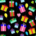 Festive seamless pattern with gift boxes and balloons Royalty Free Stock Photo