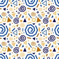 Festive seamless pattern with gold and blue doodles, swirls, stars, geometric elements