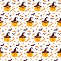 Festive seamless pattern. Halloween characters jack o lantern, witch hat, bat, spider, corn candy. Vector illustration on a white