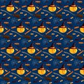 Festive seamless pattern. Halloween characters jack o lantern, witch hat, broom, bat, spider, web, sweets. Vector illustration on
