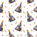 Festive seamless pattern, party hats, confetti and golden serpentines. Festive background, print,