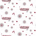 Festive seamless pattern of Republic of Latvia watercolor flag with hearts and fireworks on light grey stars pattern and white