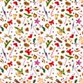 Festive seamless pattern with winter holiday attributes on white background with red dots.