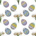 Festive seamless vector pattern featuring colorful Easter eggs and delicate daffodils Royalty Free Stock Photo
