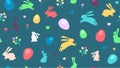 Easter seamless pattern with Colorful eggs, rabbits, birds and branches with berries on a blue background