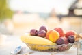 Festive serving table on the beach in sunny day. Preparing for an open-air party in the beach Royalty Free Stock Photo