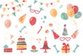 Festive set for birthday. Vector collection of hats, gifts, buntings, cakes, cupcakes, glasses and balloons. Dinosaur