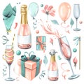 Festive set with blue gifts, pink champagne in bottles and glasses, balloons and confetti. Watercolor illustration, hand