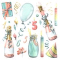 Festive set with blue gifts, pink champagne in bottles and glasses, balloons and confetti. Watercolor illustration, hand