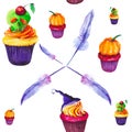 Festive set for Halloween, cake with skull and cherry, cake with pumpkin and hat, feather.Watercolor illustration isolated on