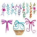 Festive set for your design. Plants, flowers, wicker basket and three bows. Watercolor drawing Royalty Free Stock Photo