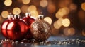 Festive shine of red Christmas balls. Shiny red balls with Christmas bokeh effect, festive reflections on a smooth Royalty Free Stock Photo