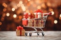 Festive Shopping Cart Overflowing with Golden Paperwrap Gift Boxes, Red Ribbons, AI Gnerated Royalty Free Stock Photo