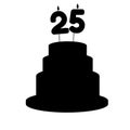 Festive silhouette cake with a twenty-five year old candle in a flat style. Vector illustration Royalty Free Stock Photo