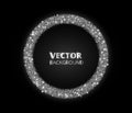 Festive silver sparkle background. Glitter border, circle frame. Vector dust, diamonds, snow on black. Royalty Free Stock Photo