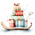 Festive sled with gift boxes and snowflakes in a charming winter scene Royalty Free Stock Photo