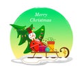 Festive sleigh with a Christmas tree, a snowman from a bell and gifts on the snow with a round background of yellow-green color Royalty Free Stock Photo