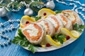 Festive snack roll of mackerel with carrots and eggs