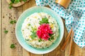 Festive snack on Easter table. Salad with Rice, Onion, Egg, Corn and Mushrooms Royalty Free Stock Photo