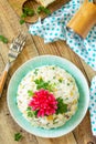 Festive snack on Easter table. Salad with Rice, Onion, Egg, Corn and Mushrooms Royalty Free Stock Photo