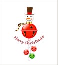 Festive snowman of bells of red color with a celindrom and a scarf and small bells. With text merry christmas Royalty Free Stock Photo