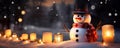 Festive snowman with candles and Christmas lights