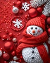 Festive Snowman with Red Scarf and Knitted Hat Surrounded by Christmas Ornaments on a Vibrant Red Background