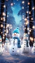 Festive snowmen come alive in a magical forest at night, dancing and celebrating