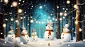 Festive snowmen come alive in a magical forest at night, dancing and celebrating in a whimsical and enchanting Christmas