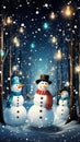 Festive snowmen come alive in a magical forest at night, dancing and celebrating