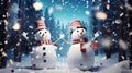 Festive snowmen come alive in a magical forest at night, dancing and celebrating