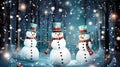 Festive snowmen come alive in a magical forest at night, dancing and celebrating in a whimsical and enchanting Christmas