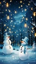 Festive snowmen come alive in a magical forest at night, dancing and celebrating in a whimsical and enchanting Christmas