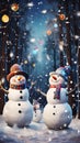 Festive snowmen come alive in a magical forest at night, dancing and celebrating in a whimsical and enchanting Christmas