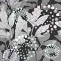 Festive softness vector seamless pattern. Hand drawn abstract gray leaves and circles from dots on black background. Nature