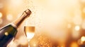 Festive sparkling wine banner with bottle of champagne and a glass of alcohol free wine on warm bokeh background. Celebratory