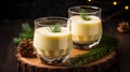 Festive spiced eggnog, garnished with evergreen boughs, served in a glass