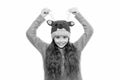 Festive spirit. Cheerful kid. Playful cutie. Why children seems cute. Adorable baby wear cute winter knitted hat. Cute