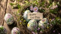 Easter Celebration: Decorated Eggs in a Nest With Spring Flowers and Greeting Royalty Free Stock Photo