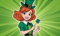 Celebrating the luck of the Irish with a cheerful redhead character holding a shamrock