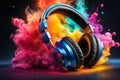 Festive splash of colors and lights from exploding stereo headphones on music sound