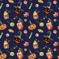 Festive spooky Halloween pattern with scary Jack o`lantern pumpkins, candy, candles on dark background. October holiday seamless Royalty Free Stock Photo