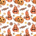 Festive spooky Halloween pattern with scary pumpkins, candy corn, swirl candy, isolated on white background.