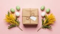 Festive Spring Gift Box with Mimosa Flowers and Easter Eggs Royalty Free Stock Photo