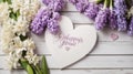 Festive spring greeting card on Mothers Day with hyacinth flowers and white wooden heart top view. Vintage style. Royalty Free Stock Photo