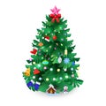 Spruce, fir or pine decorated with balls, baubles, star, candle, garland, mittens, boot, snowflake.